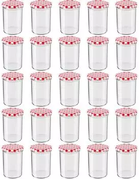 Wellgro Einmachgl&auml;ser 435ml mit Schraubdeckel rot kariert To 82, 25-tlg