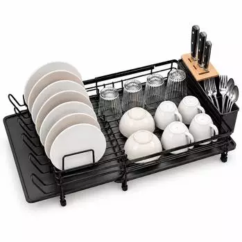 Relaxdays Abtropfgestell ausziehbar mit Besteckkorb & Abtropfschale, Kunststoff/Metall, schwarz