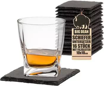 BigDean Schiefer-Untersetzer Set, quadratisch, 10x10cm, 16-tlg.