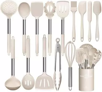 LuxusKollektion K&uuml;chenutensilien-Set 15-teilig, Silikon, khaki (Edelstahlgriff)