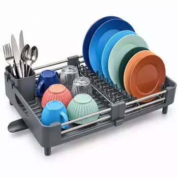 Relaxdays Abtropfgestell ausziehbar mit Besteckkorb & Abtropfschale, Kunststoff/Edelstahl, grau
