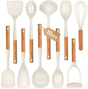 LuxusKollektion K&uuml;chenhelfer-Set 10-teilig, Silikon mit Holzgriff, wei&szlig;