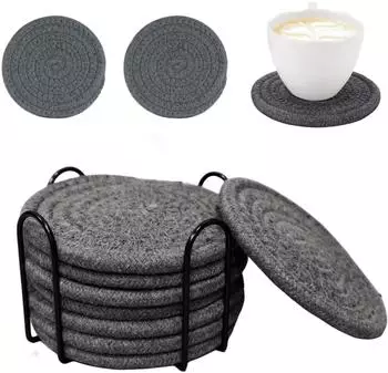 LuxusKollektion Untersetzer 8er-Set mit Halter, Baumwolle, grau, rund, 11cm