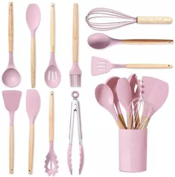 LuxusKollektion Küchenhelfer-Set Silikon 12-teilig, rosa, Holzgriffe