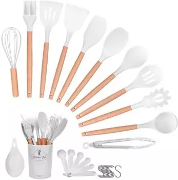 LuxusKollektion Küchenhelfer-Set 29-teilig, Silikon mit Holzgriff, cremeweiß