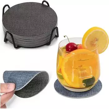 LuxusKollektion Untersetzer 12er-Set, rund, Kunstleder, grau/hellblau
