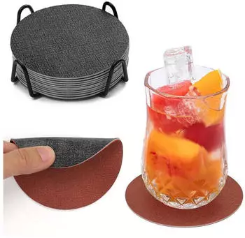 LuxusKollektion Glasuntersetzer 12er Set, Kunstleder, grau/terrakotta, rund