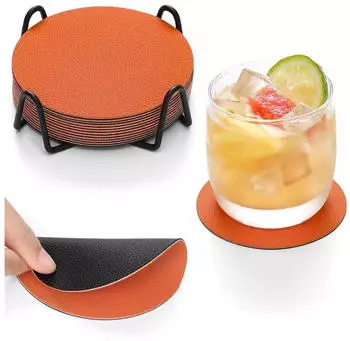LuxusKollektion Untersetzer 12er-Set, rund, Kunstleder, schwarz/orange, rutschfest