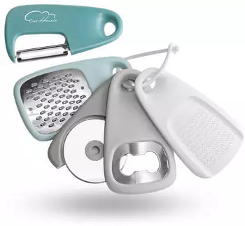 LuxusKollektion Küchenhelfer-Set 5-teilig, Edelstahl, Käsereibe, Flaschenöffner, Schäler, Pizzaschneider, Knoblauchmühle