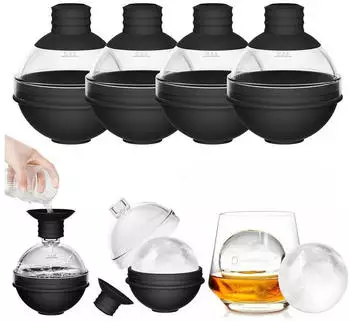 LuxusKollektion Eiswürfelform Kugel 6cm Silikon mit Trichterdeckel, 4er Pack, schwarz