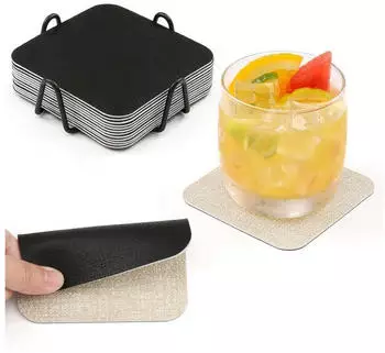 LuxusKollektion Glasuntersetzer 12er-Set, quadratisch, Kunstleder, cremeweiß/schwarz