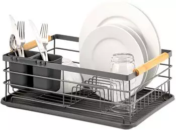 eluno Abtropfgestell mit Abtropfschale und Besteckhalter, Metall, grau (44038-V)