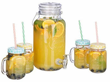 Relaxdays klar Getränkespender Set, 4 l, 4 Gläser, Zapfhahn, Retro Saftspender Gastro mit Strohhalmen, Limonadenspender, Standard