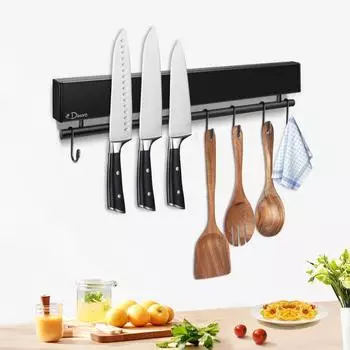 LuxusKollektion Magnetleiste Messerhalter mit Haken 30cm, schwarz, selbstklebend