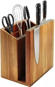 Relaxdays Messerblock mit Utensilienhalter, magnetisch, Akazienholz