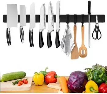 LuxusKollektion Magnetleiste Messer 60cm Edelstahl schwarz mit 3 Haken selbstklebend