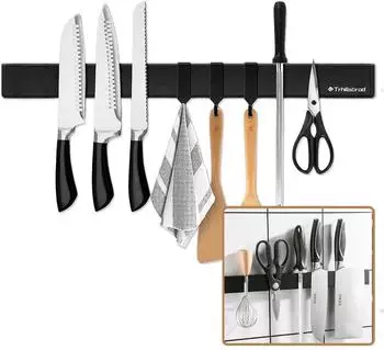 LuxusKollektion Magnetleiste Messer 50cm Edelstahl schwarz mit 3 Haken selbstklebend