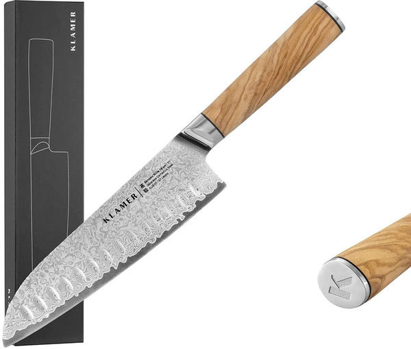 KLAMER Premium Santoku Damastmesser 18 cm mit Olivenholzgriff