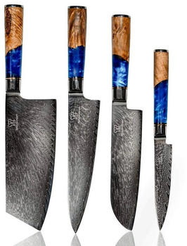 K&uuml;chenkompane Damaskus Messerset 4-tlg mit blauem Holz-Harzgriff