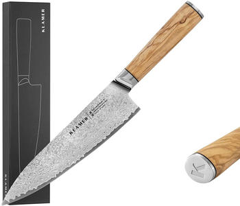 KLAMER Damast Kochmesser 20 cm mit Olivenholzgriff