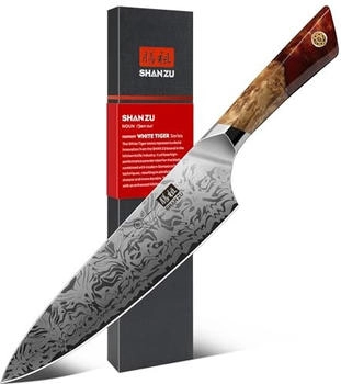SHAN ZU Damascus Japanese Made of SG2 Powder Steel Hand Forged 91 Layers of Damascus Steel Knife 20CM Professional with Maple Handle - White Tiger Series
