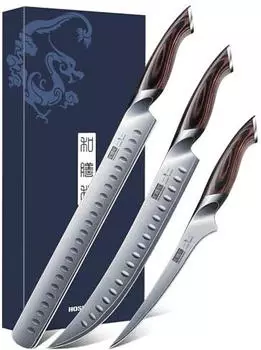 HOSHANHO Tranchiermesser-Set 3-teilig, japanischer Hochkohlenstoffstahl, Pakkaholzgriff (3PCS Carving Set)