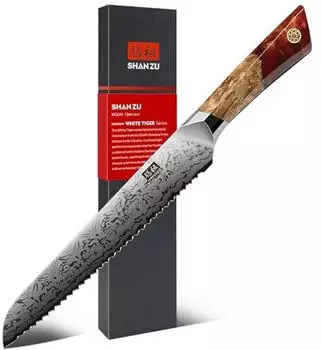 SHAN ZU White Tiger Brotmesser 20cm, Damast SG2-Stahl, Wellenschliff, Ahorngriff (SZPCS-2024-001-3)