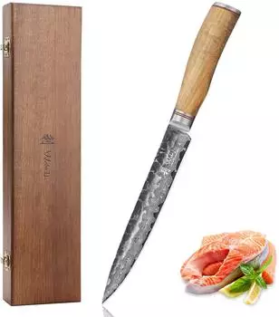 Wakoli Damast Fleischmesser 20cm Klinge, Olivenholzgriff, Hammerschlag