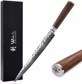 Wakoli Nussbaum Damast Sashimi-Messer 67 Lagen, 25cm Klinge, Nussbaumholzgriff