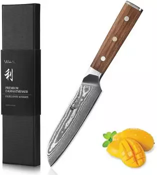 Wakoli Hickory Santoku-Messer 12,5cm, 67-Lagen Damaststahl VG10, Walnussholzgriff