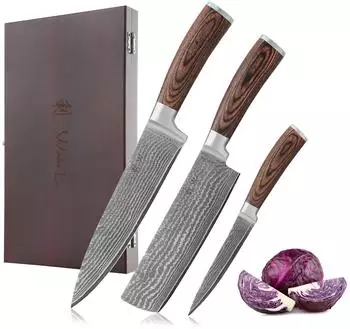 Wakoli EDIB 3er K&uuml;chenmesser-Set Damaststahl VG10 Pakkaholzgriff (EDIB)