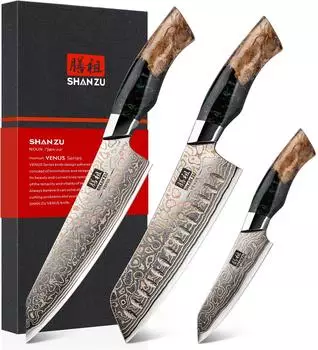 SHAN ZU Damast Küchenmesser Set 3-tlg, 33-Schichten Kupfer & Damaststahl, 12°-Klinge, Ahornholzgriff (Damascus Knife Set)