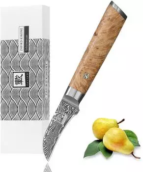 Zayiko Kinone Sch&auml;lmesser Damastklinge 6cm Wurzelholzgriff Birke