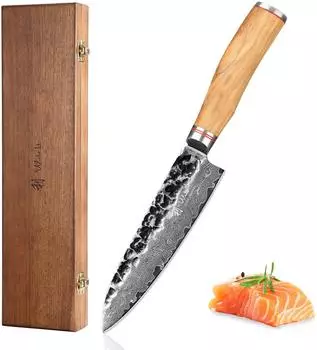 Wakoli Olive Santokumesser Damaststahl VG-10, 17cm Klinge, Olivenholzgriff