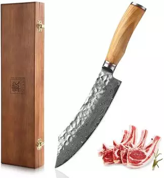 Zayiko Minami Blockmesser Damaststahl, Olivenholzgriff, 20cm Klinge (1DM-MEZ-OLI-WEI)