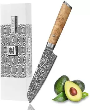 Zayiko Kinone kleines Santokumesser, Damaststahl 67 Lagen, 12cm Klinge, Birkenwurzelholzgriff (4250567707102)