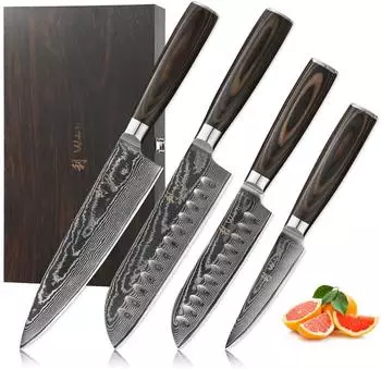 Wakoli EDIB Essentials 4er Damastmesser-Set, 67 Lagen VG10, Pakkaholzgriff (4DM-SET-ESE)