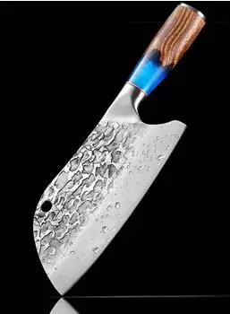Muxel Küchenmesser aus geschmiedetem Stahl, Blue Resin Griff, Hammerschlag-Klinge