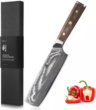 Wakoli Hickory Nakiri Messer 18cm Damaststahl 67 Lagen, Walnussholzgriff