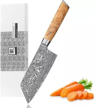 Zayiko Kinone Nakiri-Messer, Damaststahl 67 Lagen, Wurzelholzgriff Birke, 16cm (Kinone)