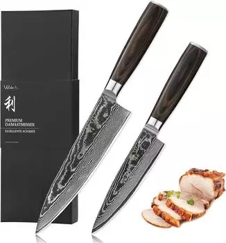Wakoli EDIB Essentials 2er Chefmesser-Set, Damaststahl 67 Lagen, VG10, Pakkaholzgriff (EDIB Essentials)