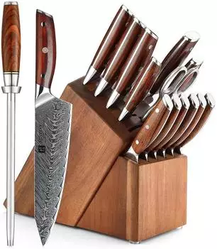 LuxusKollektion Küchenmesser-Set 15-teilig, Damaststahl, Akazienholzblock mit Schere