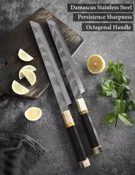 Muxel Sakimaru / Yanagiba Messer-Set Damast 33 Lagen, Ebenholz-Büffelhorngriff, 43 und 39cm