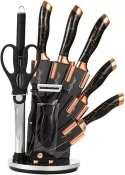 Cheffinger Messer-Set 9-tlg. mit drehbarem Messerblock, Marmor Gold