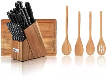 LuxusKollektion K&uuml;chenutensilien-Set aus Holz, 21-tlg. mit Messerblock und Schneidebrett