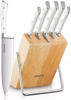 LuxusKollektion K&uuml;chenmesser-Set 6-teilig mit Holzblock, Edelstahl, wei&szlig;