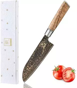 Zayiko BlackMagma Santokumesser 16,5cm, 33-Lagen Damaststahl, Ahornholzgriff