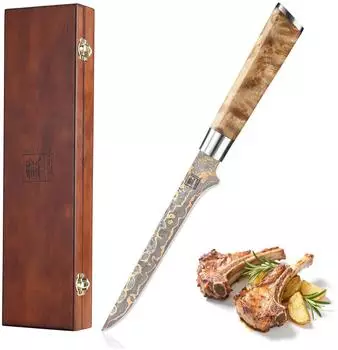 Zayiko MysticMagma Ausbeinmesser 18cm, Damaststahl 67 Lagen, Ahornwurzelholz