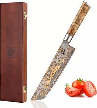 Zayiko MysticMagma Tanto-K&uuml;chenmesser 20,5cm, Damaststahl 67 Lagen, Ahornwurzelholzgriff
