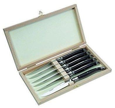 Laguiole Steakmesser-Satz, Kunststoff Griffschalen, Schwarz, Holzbox mit 6 Messern